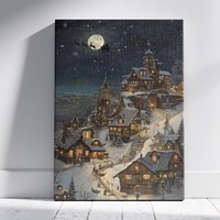 Magical Winter Village Christmas Canvas Wall Art | Cozy Snowy Night Print Holiday Home Decor Santa Sleigh Landscape Painting von PrintglintWaren