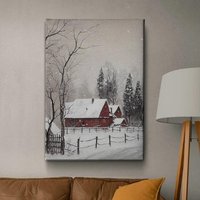 Rustic Red Barn Winter Landscape Canvas | Snowy Farmhouse Wall Art Country Holiday Decor Christmas Gift Print von PrintglintWaren