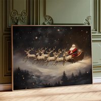 Santa Sleigh Night Wall Art - Christmas Reindeer Canvas Print, Festive Holiday Decor Gift For Home Or Living Room von PrintglintWaren