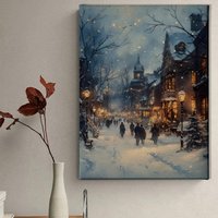 Vintage Christmas Street Scene Canvas | Winter Night Town Wall Art Holiday Decor Painting Cozy Gift Print von PrintglintWaren
