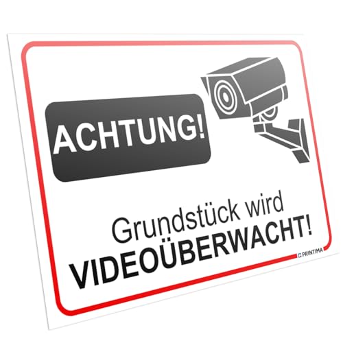 Videoüberwachung Warnschilder, 2 Stück, für Innen und Außen (Weiß/Schwarz/Rot, 2x 32x21cm - grundstück wird videoüberwacht) von Printima
