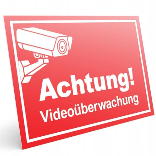 PRINTIMA Achtung Videoüberwachung Schild Groß – PVC Sicherheitsschild 32x21 cm oder 40x30cm – Gelb oder Rot – Wetterfest (Rot, 32x21cm) von Printima