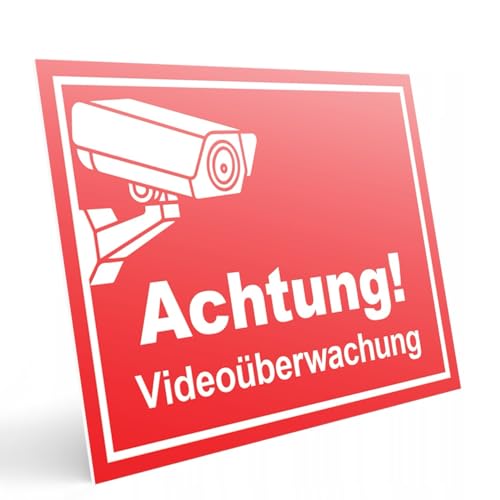 PRINTIMA Achtung Videoüberwachung Schild Groß – PVC Sicherheitsschild 32x21 cm oder 40x30cm – Gelb oder Rot – Wetterfest (Rot, 40x30cm) von Printima