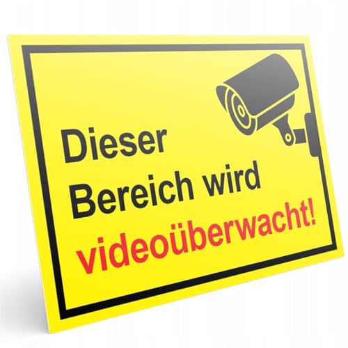 PRINTIMA Gelb PVC-Schild | „Dieser Bereich wird videoüberwacht!“ | Wetterfestes Warnschild in 32x21 cm & 40x30 cm Sicherheits- und Überwachungshinweis für Innen- und Außenbereiche (Gelb, 32x21cm) von Printima