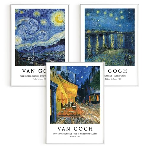 Bilder-Set: 3 x DIN A3 (30x42) Premium Posterpapier - Vincent van Gogh, Die Sternennacht; Nachtcafé; Sternennacht über die Rhône, Kunstdruck ohne Rahmen, Wandbild, Bilderwand - A4, A3, A2, A1, A0 von Printistico