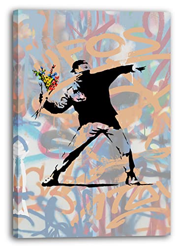 Leinwandbild Banksy Mann wirft Blumen Activism - Modern Street-Art - Moderner Kunstdruck Klein bis Groß XXL - Geschenk Wohnzimmer, Schlafzimmer von Printistico