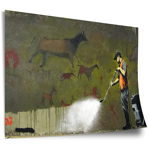 Poster Banksy - Reinigungsmann entfernt uralte Wandbemalung Desaster Graffiti hip cool modern Kunstdruck ohne Rahmen, Wandbild - A4, A3, A2, A1, A0, XXL - Wohnzimmer, Schlafzimmer, Küche, Deko von Printistico