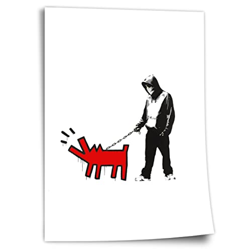 Poster aus Baumwolle Banksy Keith Haring - Bellender Hund, Pop-Art Modern Street-Art, Kunstdruck Klein bis Groß XXL - Wohnzimmer, Schlafzimmer Kunstdruck ohne Rahmen, Wandbild - A4, A3, A2, A1, A0. von Printistico