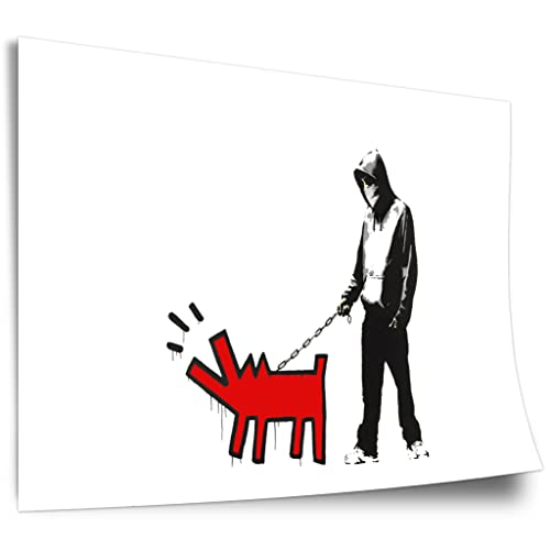 Poster aus Baumwolle Banksy Keith Haring - Bellender Hund, Pop-Art Modern Street-Art, Kunstdruck Klein bis Groß XXL - Wohnzimmer, Schlafzimmer Kunstdruck ohne Rahmen, Wandbild - A4, A3, A2, A1, A0. von Printistico