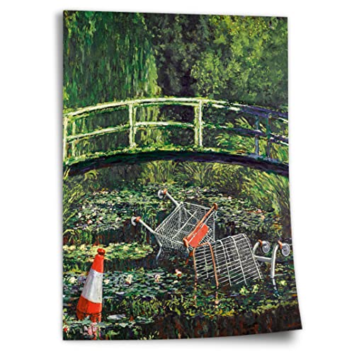 Poster aus Baumwolle Banksy Meets Monet Japanische Brücke Seerosen - Klimaschutz Street-Art Moderner Kunstdruck Canvas Kunstdruck ohne Rahmen, Wandbild - A4, A3, A2, A1, A0, XXL - Wohnzimmer, Schl.. von Printistico