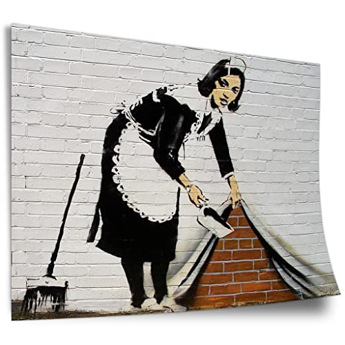 Poster aus Baumwolle Banksy - Putzfrau kehrt Dreck unter Wand-Bemalung Graffiti Street Art Kunstdruck ohne Rahmen, Wandbild - A4, A3, A2, A1, A0, XXL - Wohnzimmer, Schlafzimmer, Küche, Deko von Printistico