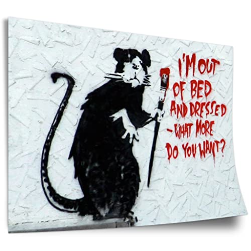 Poster aus Baumwolle Banksy - Ratte mit Pinsel "What do you want?" Rat I'm out of bed Graffiti-Wandbild Kunstdruck ohne Rahmen, Wandbild - A4, A3, A2, A1, A0, XXL - Wohnzimmer, Schlafzimmer, Küche,.. von Printistico