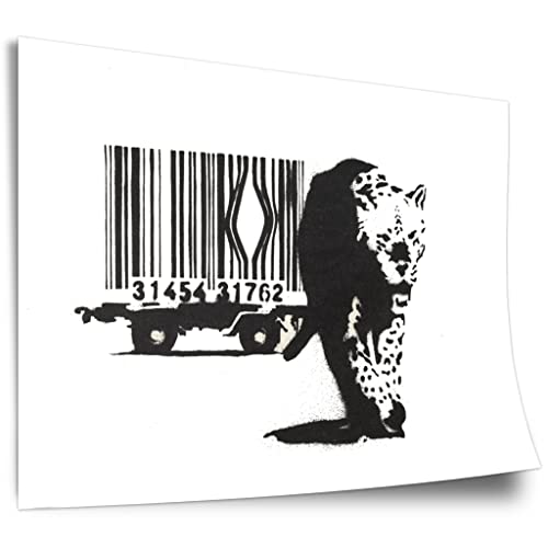 Poster aus Baumwolle Banksy Street-Art Leopard Barcode - Konsum-Kritik Globalisierung, Moderner Kunstdruck Canvas - Wohnzimmer, Inneneinrichtung Deko Kunstdruck ohne Rahmen, Wandbild - A4, A3, A2, .. von Printistico