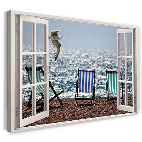 Printistico Bilder Fensterblick 100x70cm Baumwoll-Leinwand auf Keilrahmen mit Aufhänger moderner Kunstdruck XXL Wandbilder Wand-Dekoration Möwe am Strand Liegestühle Meer Sommer - Natur-Fotografie von Printistico