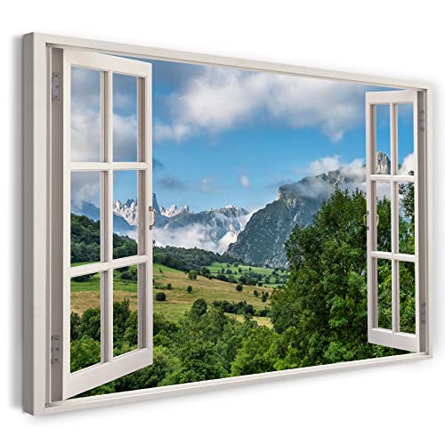 Printistico Bilder Fensterblick 120x80cm Baumwoll-Leinwand auf Keilrahmen mit Aufhänger moderner Kunstdruck XXL Wandbilder Wand-Dekoration Berge Felder Landschaft Natur - Natur-Fotografie von Printistico