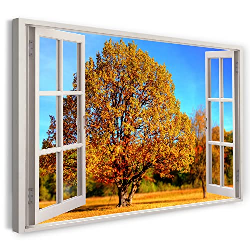 Printistico Bilder Fensterblick 60x40cm Baumwoll-Leinwand auf Keilrahmen mit Aufhänger moderner Kunstdruck XXL Wandbilder Wand-Dekoration Baum Herbst Feld Natur Sonne - Natur-Fotografie von Printistico