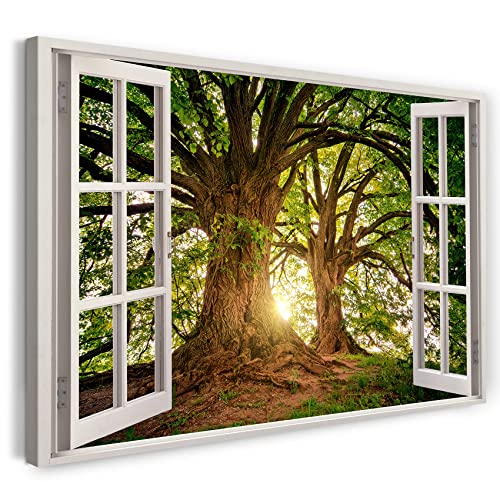 Printistico Leinwandbild (100x70cm) Fensterblick - Bäume Wald Sonne Strahlen Natur - Natur-Fotografie, echter Holz-Keilrahmen inkl. Aufhänger, handgefertigt in Deutschland von Printistico