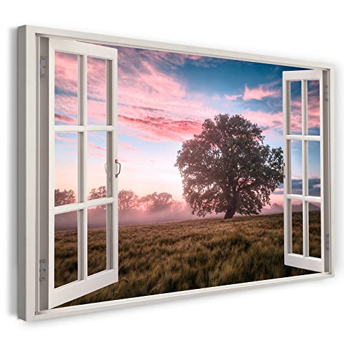 Printistico Leinwandbild (100x70cm) Fensterblick - Baum Feld Sonnenaufgang Natur Himmel - Natur-Fotografie, echter Holz-Keilrahmen inkl. Aufhänger, handgefertigt in Deutschland von Printistico