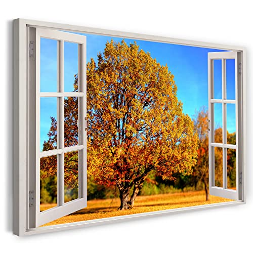 Printistico Leinwandbild (100x70cm) Fensterblick - Baum Herbst Feld Natur Sonne - Natur-Fotografie, echter Holz-Keilrahmen inkl. Aufhänger, handgefertigt in Deutschland von Printistico