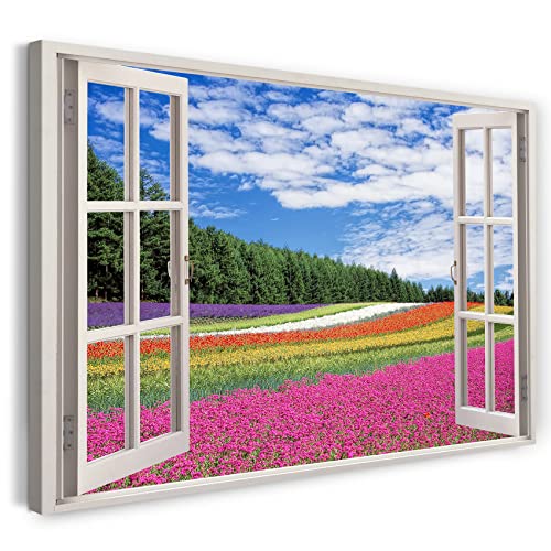 Printistico Leinwandbild (100x70cm) Fensterblick - Blumenwiese Wald Bunt Natur Landschaft - Natur-Fotografie, echter Holz-Keilrahmen inkl. Aufhänger, handgefertigt in Deutschland von Printistico