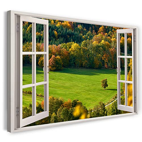 Printistico Leinwandbild (100x70cm) Fensterblick - Feld Wald Bäume Gras Landschaft - Natur-Fotografie, echter Holz-Keilrahmen inkl. Aufhänger, handgefertigt in Deutschland von Printistico