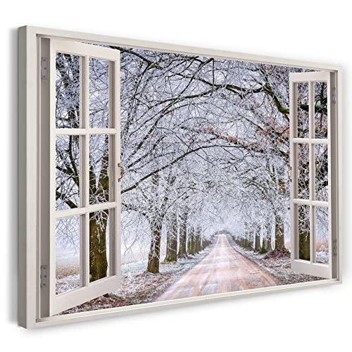 Printistico Leinwandbild (100x70cm) Fensterblick - Feldweg Bäume Winter Schnee Natur - Natur-Fotografie, echter Holz-Keilrahmen inkl. Aufhänger, handgefertigt in Deutschland von Printistico