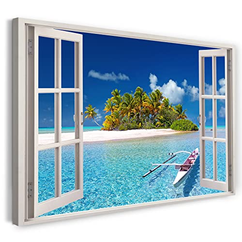 Printistico Bilder Fensterblick 100x70cm Baumwoll-Leinwand auf Keilrahmen mit Aufhänger moderner Kunstdruck XXL Wandbilder Wand-Dekoration Insel Palmen Urlaub Meer Strand - Natur-Fotografie von Printistico
