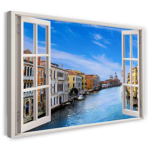 Printistico Leinwandbild (100x70cm) Fensterblick - Italien Venedig Kanal Sonne Meer - Natur-Fotografie, echter Holz-Keilrahmen inkl. Aufhänger, handgefertigt in Deutschland von Printistico