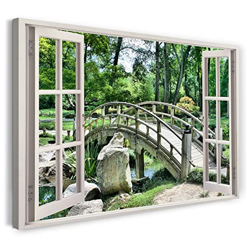 Printistico Leinwandbild (100x70cm) Fensterblick - Japanische Brücke Garten Natur Pflanzen Bach - Natur-Fotografie, echter Holz-Keilrahmen inkl. Aufhänger, handgefertigt in Deutschland von Printistico