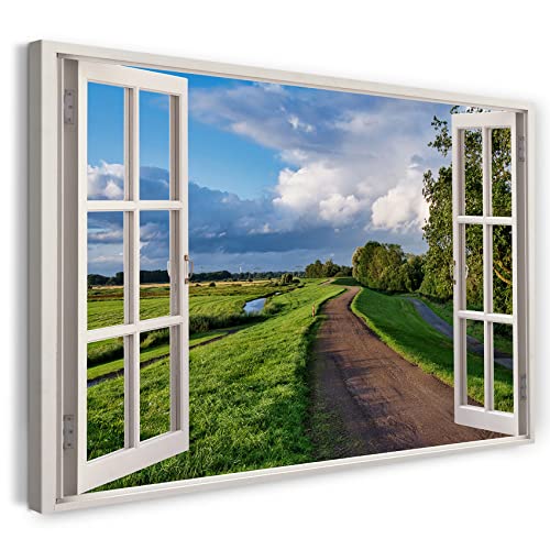 Printistico Leinwandbild (100x70cm) Fensterblick - Landschaft Straße Natur Sommer Wolken - Natur-Fotografie, echter Holz-Keilrahmen inkl. Aufhänger, handgefertigt in Deutschland von Printistico