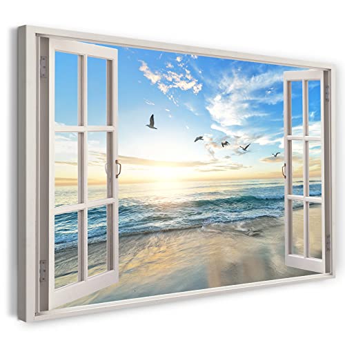 Printistico Leinwandbild (100x70cm) Fensterblick - Meer Möwen Vögel Natur Sonne - Natur-Fotografie, echter Holz-Keilrahmen inkl. Aufhänger, handgefertigt in Deutschland von Printistico