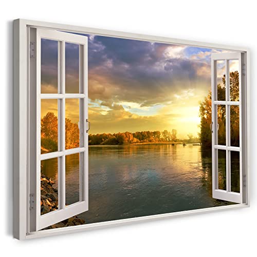 Printistico Leinwandbild (100x70cm) Fensterblick - See Sonnenuntergang Natur Wasser - Natur-Fotografie, echter Holz-Keilrahmen inkl. Aufhänger, handgefertigt in Deutschland von Printistico