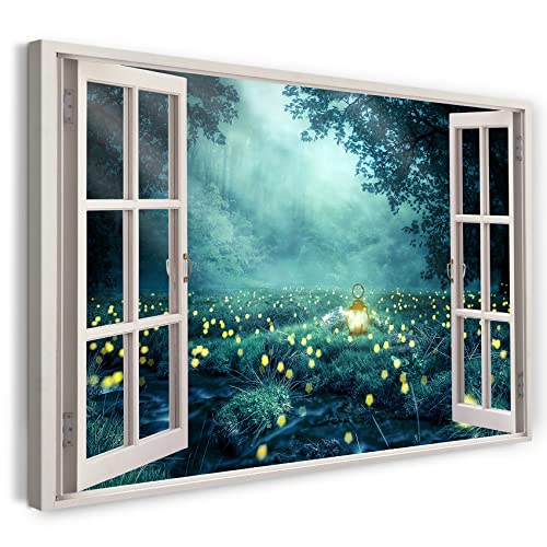 Printistico Leinwandbild (100x70cm) Fensterblick - Sommernacht 3D Kunst Wald Natur - Natur-Fotografie, echter Holz-Keilrahmen inkl. Aufhänger, handgefertigt in Deutschland von Printistico