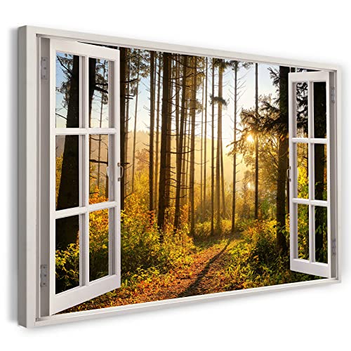 Printistico Leinwandbild (100x70cm) Fensterblick - Sonnenstrahlen Wald Natur Nebel - Natur-Fotografie, echter Holz-Keilrahmen inkl. Aufhänger, handgefertigt in Deutschland von Printistico