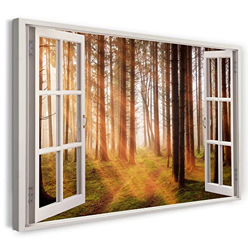 Printistico Leinwandbild (100x70cm) Fensterblick - Sonnenstrahlen Wald Natur Wandern - Natur-Fotografie, echter Holz-Keilrahmen inkl. Aufhänger, handgefertigt in Deutschland von Printistico