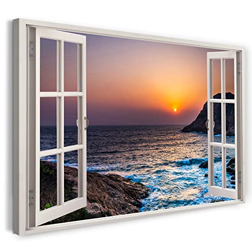 Bilder Fensterblick 100x70cm Baumwoll-Leinwand auf Keilrahmen mit Aufhänger moderner Kunstdruck XXL Wandbilder Wand-Dekoration Sonnenuntergang Meer Klippen Wasser Strand - Natur-Fotografie von Printistico
