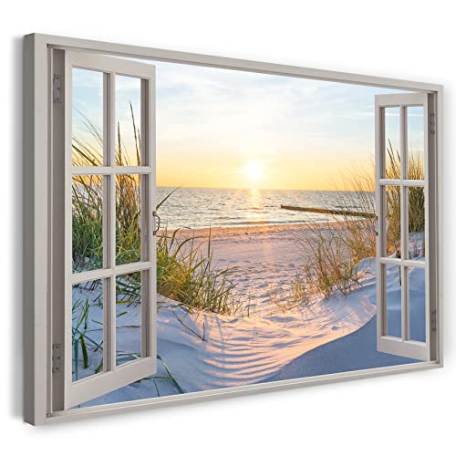 Printistico Leinwandbild (100x70cm) Fensterblick - Strand Meer Sand Sonnenuntergang Urlaub - Natur-Fotografie, echter Holz-Keilrahmen inkl. Aufhänger, handgefertigt in Deutschland von Printistico