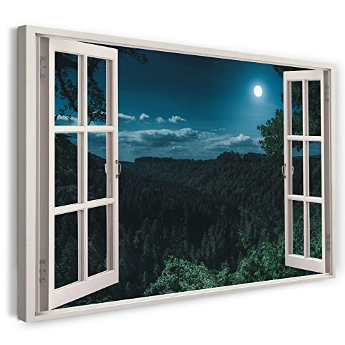 Printistico Leinwandbild (100x70cm) Fensterblick - Vollmond Wald Licht Natur Pflanzen - Natur-Fotografie, echter Holz-Keilrahmen inkl. Aufhänger, handgefertigt in Deutschland von Printistico