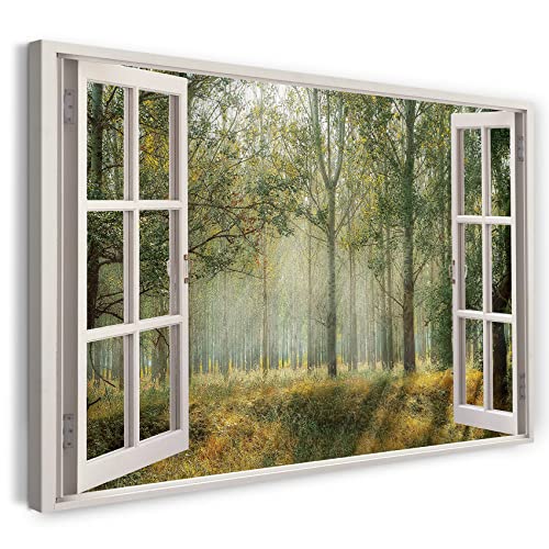 Printistico Leinwandbild (100x70cm) Fensterblick - Wald Moos Pflanzen Sonne - Natur-Fotografie, echter Holz-Keilrahmen inkl. Aufhänger, handgefertigt in Deutschland von Printistico