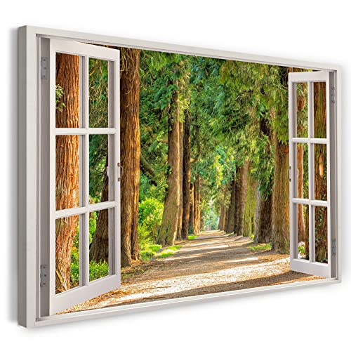 Printistico Leinwandbild (100x70cm) Fensterblick - Wald Pfad Bäume Sonne Pflanzen - Natur-Fotografie, echter Holz-Keilrahmen inkl. Aufhänger, handgefertigt in Deutschland von Printistico