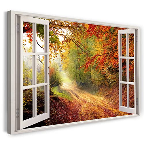 Printistico Leinwandbild (100x70cm) Fensterblick - Wald Weg Herbst Blätter Bäume Natur - Natur-Fotografie, echter Holz-Keilrahmen inkl. Aufhänger, handgefertigt in Deutschland von Printistico