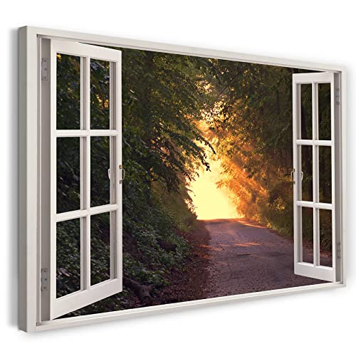 Printistico Leinwandbild (100x70cm) Fensterblick - Wald Weg Sonnenuntergang Sommer Strahlen - Natur-Fotografie, echter Holz-Keilrahmen inkl. Aufhänger, handgefertigt in Deutschland von Printistico