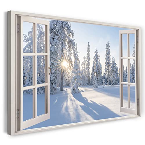 Printistico Leinwandbild (100x70cm) Fensterblick - Winter Landschaft Bäume Wald Sonne Natur - Natur-Fotografie, echter Holz-Keilrahmen inkl. Aufhänger, handgefertigt in Deutschland von Printistico