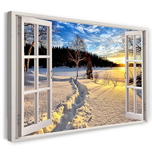 Printistico Leinwandbild (100x70cm) Fensterblick - Winter Landschaft Schnee Natur Wald Sonnenaufgang - Natur-Fotografie, echter Holz-Keilrahmen inkl. Aufhänger, handgefertigt in Deutschland von Printistico