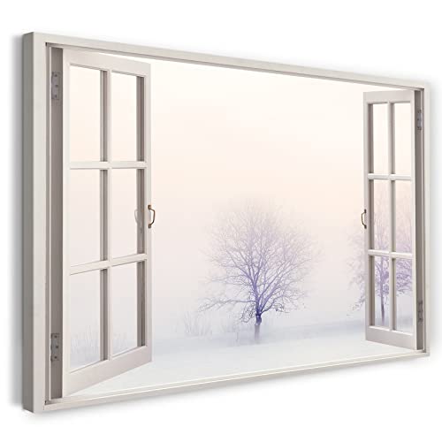 Printistico Leinwandbild (100x70cm) Fensterblick - Winter Schnee Nebel Natur Bäume - Natur-Fotografie, echter Holz-Keilrahmen inkl. Aufhänger, handgefertigt in Deutschland von Printistico