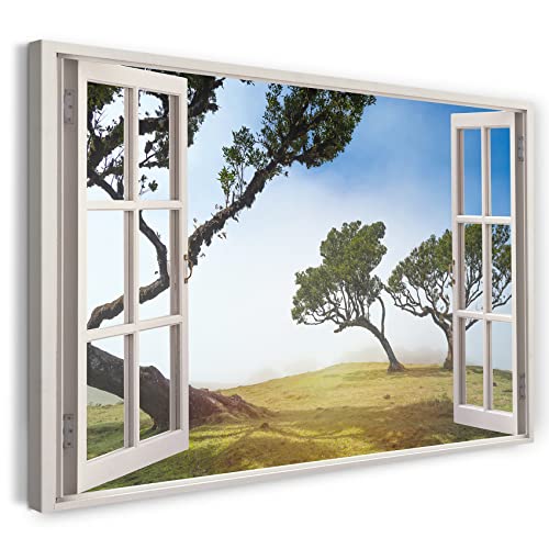 Printistico Leinwandbild (120x80cm) Fensterblick - Bäume Nebel Sonne Sommer Natur - Natur-Fotografie, echter Holz-Keilrahmen inkl. Aufhänger, handgefertigt in Deutschland von Printistico