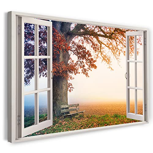 Printistico Leinwandbild (120x80cm) Fensterblick - Bank unter Baum Herbst Nebel Blätter Natur - Natur-Fotografie, echter Holz-Keilrahmen inkl. Aufhänger, handgefertigt in Deutschland von Printistico