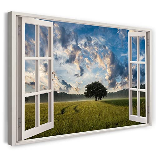 Printistico Leinwandbild (120x80cm) Fensterblick - Baum auf Feld Natur Wald Sonne Himmel - Natur-Fotografie, echter Holz-Keilrahmen inkl. Aufhänger, handgefertigt in Deutschland von Printistico