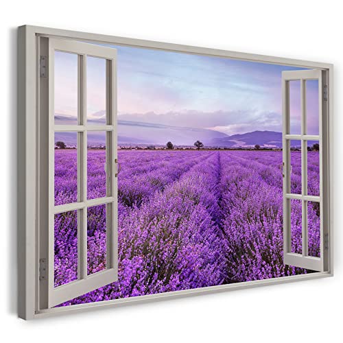 Printistico Leinwandbild (120x80cm) Fensterblick - Blumenfeld Violet Berge Himmel - Natur-Fotografie, echter Holz-Keilrahmen inkl. Aufhänger, handgefertigt in Deutschland von Printistico