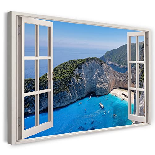 Printistico Leinwandbild (120x80cm) Fensterblick - Bucht Meer Berge Klippen Hellblau - Natur-Fotografie, echter Holz-Keilrahmen inkl. Aufhänger, handgefertigt in Deutschland von Printistico